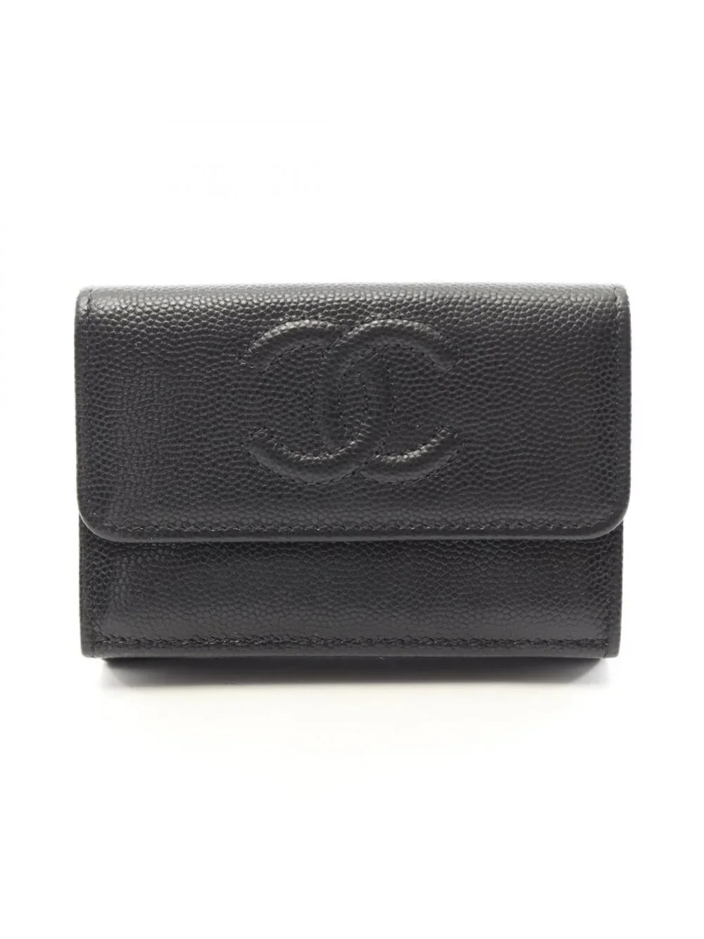 Chanel Trifold Wallet CC Logo Small Flap Black Caviar Leather